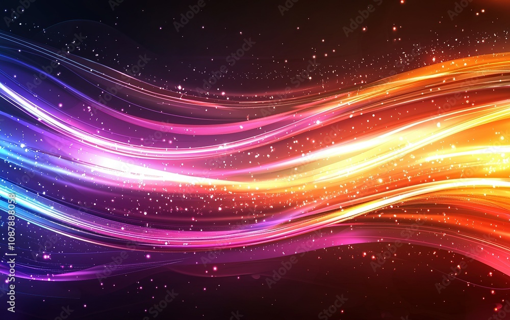 Poster colorful flowing lines create a vibrant abstract design with glowing particles on a dark background