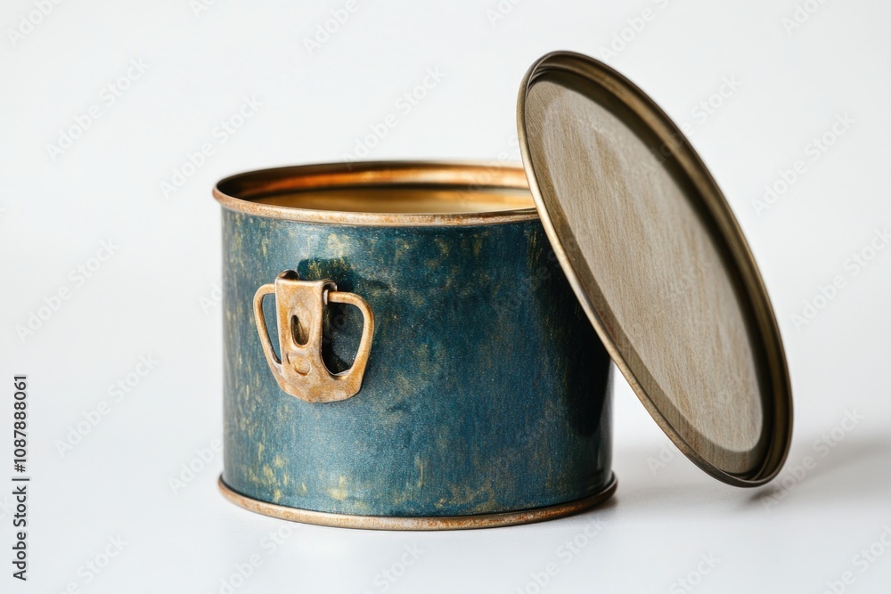 Aufkleber A metallic tin container with a removable lid placed on a clean and flat white background
