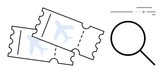 Two airline tickets with airplane icons beside a magnifying glass symbolizing online search and booking. Ideal for travel, tourism, airline services, vacation planning, ticketing, online booking