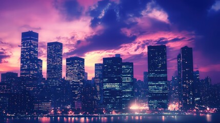Fototapeta premium Breathtaking Sunset Over a Modern Urban Skyline with Dramatic Colors and City Lights Reflecting on Water Creating a Serene Evening Atmosphere