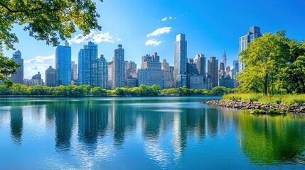 Stunning Urban Landscape Featuring Skyscrapers Reflected in Serene Water with Lush Greenery Surrounding Central Park, New York City in Bright Daylight