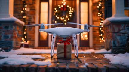 Drone Quadcopter UAV Delivering a Christmas Gift to the Holiday Decorated Front Porch of a House. Generative AI.