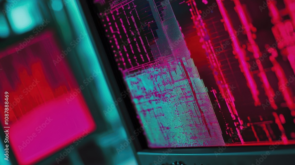 Aufkleber abstract digital patterns on computer screen displaying data visualization in vibrant red and cyan h