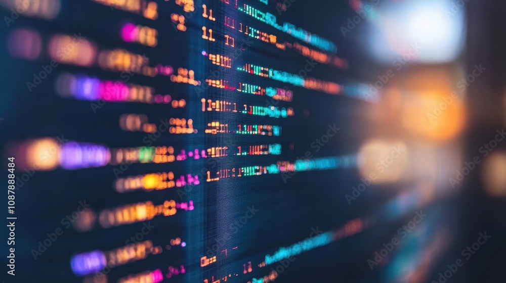 Poster abstract digital data stream with colorful light patterns backdrop for technology, cybersecurity, an
