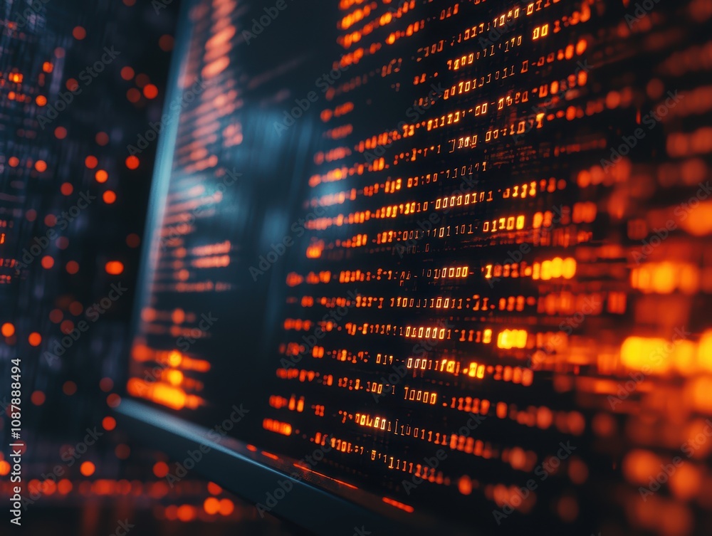 Poster abstract digital data visualization with glowing orange binary code on a dark background, showcasing