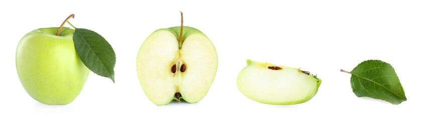 Whole and sliced green apple isolated on white
