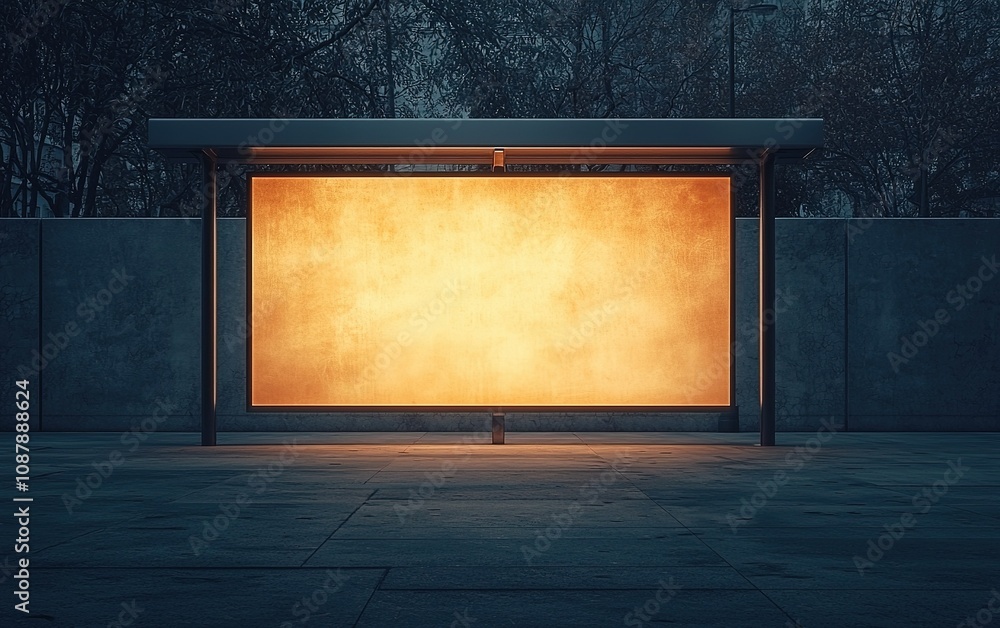 Poster bright orange illuminated display at urban bus stop during dusk with empty surroundings and soft sha