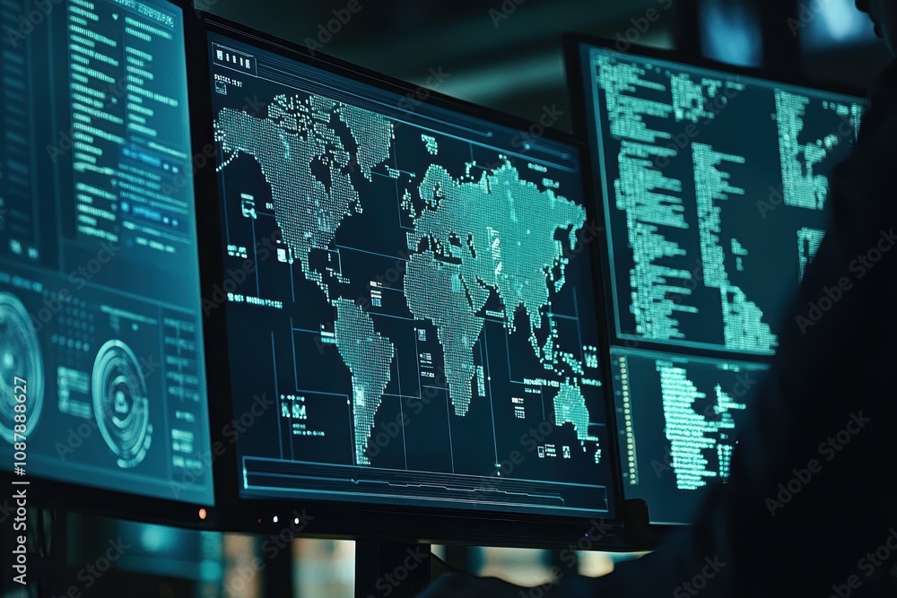 Poster high-tech workspace with multiple monitors displaying global data analytics and cybersecurity visual
