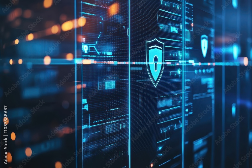 Poster futuristic digital security interface with lock icons, data streams, and high-tech elements portrayi
