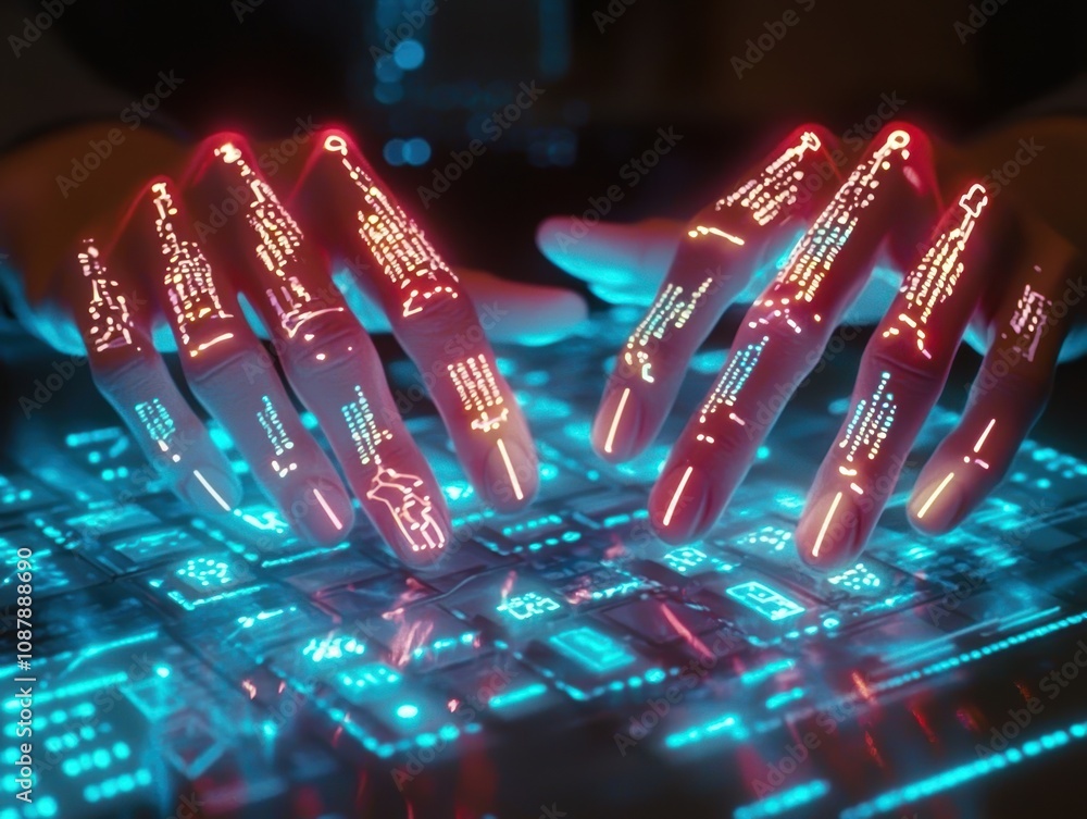 Poster futuristic hands interacting with neon touchscreen technology, featuring digital codes and graphics,