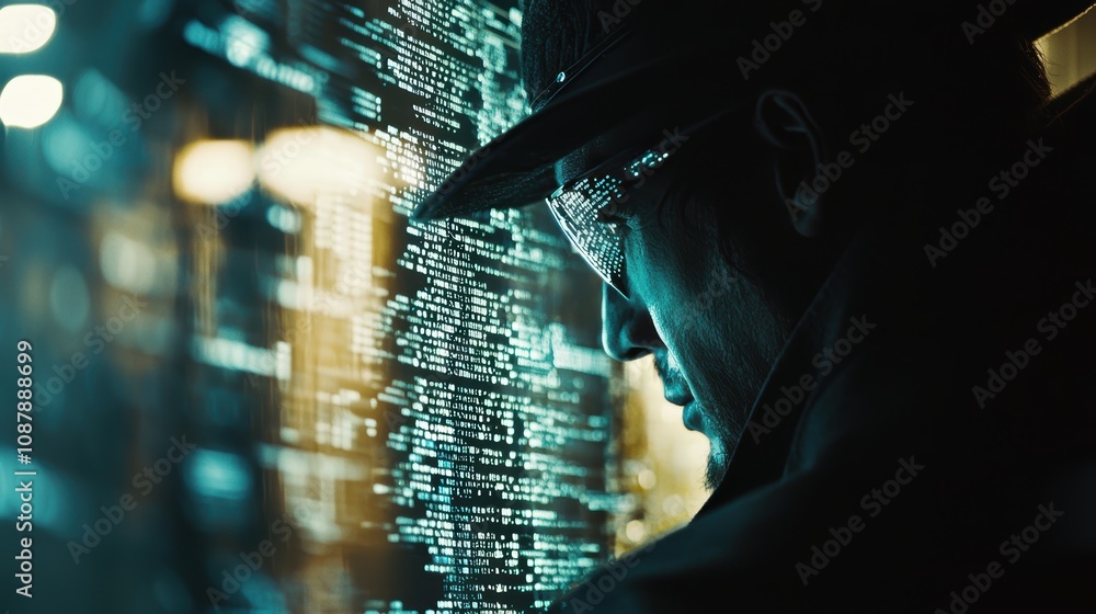 Poster mysterious individual analyzing digital data with futuristic glasses in a high-tech environment surr