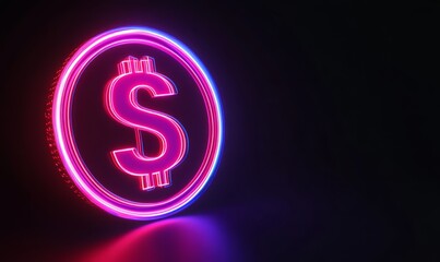 Obraz premium Dollar neon coin 3d, modern design on a dark background. The concept of technology, internet commerce, business, globalization. 3d illustration, 3d render, copy space