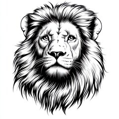 Obraz premium Detailed black and white illustration of a lion's face, showcasing fierce eyes and a majestic mane.