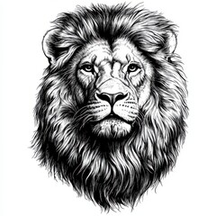 A detailed black and white illustration of a majestic lion's face, showcasing intricate fur textures and a fierce gaze.