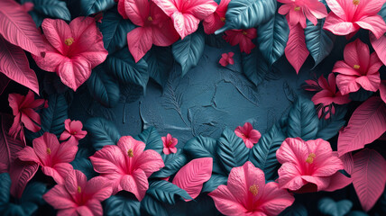 Obraz premium Pink Flowers and Blue Leaves with Textured Center 
