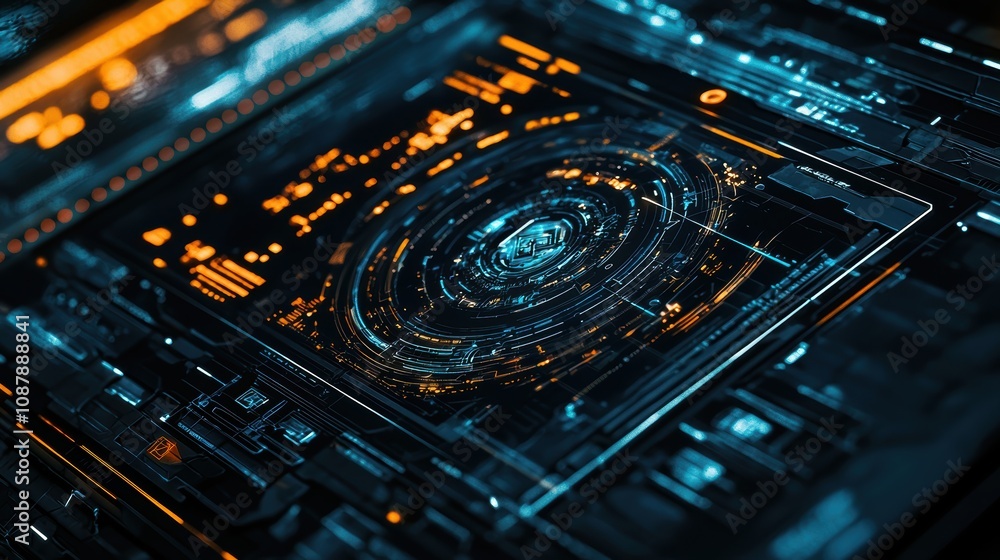 Poster futuristic digital interface with glowing lines and data circles in a high-tech environment for inno