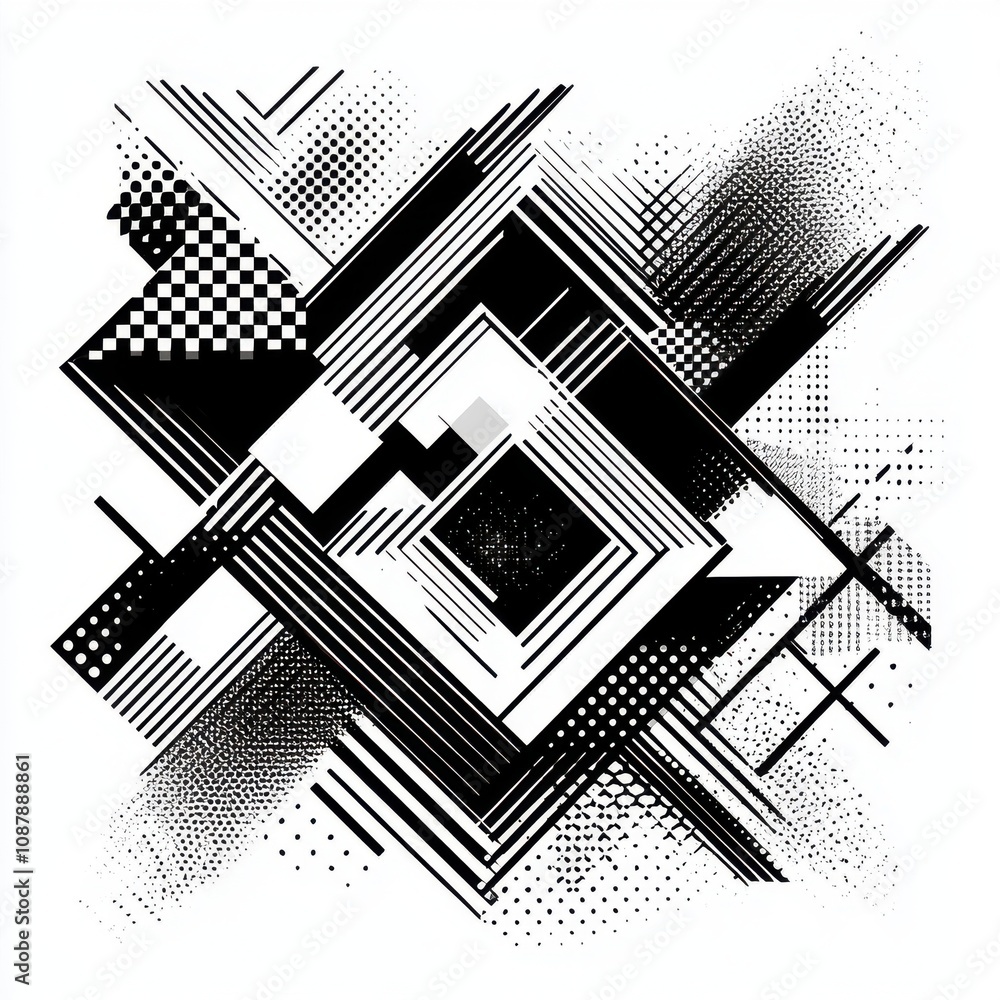 Poster abstract black and white geometric pattern with dynamic lines and dots, evoking modern artistic expr