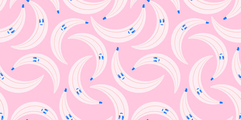 Banana Pattern with Kawaii face. Retro colors. Cheerful Character. Seamless print on pink background of tropical fruit with Cute face. Vegan food. Healthy eating. Vitamins. Flat vector illustration