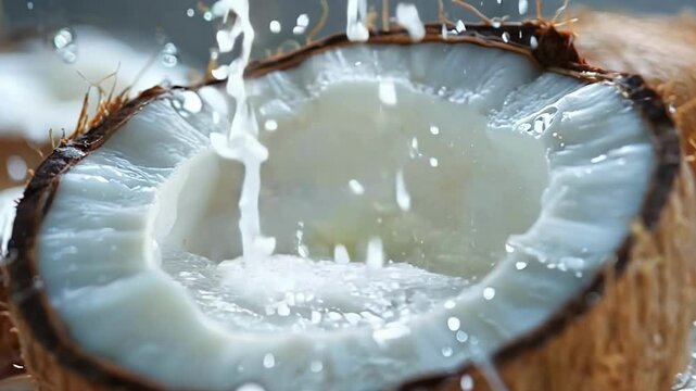 Coconut halves burst open splashing creamy liquid, generative ai