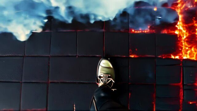 First-person POV of walking across dark floor tiles that dramatically transform into glowing lava with each step. Dynamic movement creates intense contrast between safe spots and burning threats.
