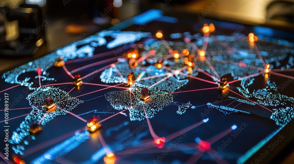 Poster detailed digital representation of global network connections with illuminated nodes on a world map 