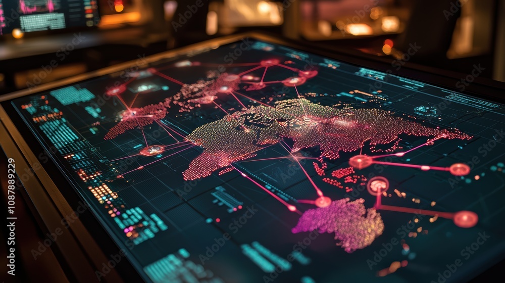 Poster futuristic digital world map visualization with connected nodes and data streams showcasing global n