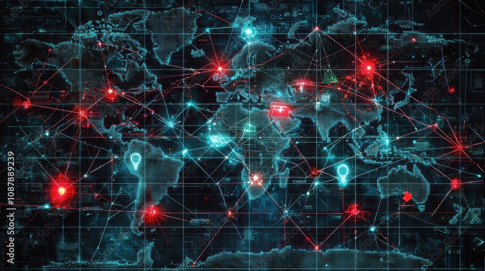 Poster Abstract Digital World Map with Network Connections, Data Points, and Geospatial Technologies Representing Global Connectivity and Information Flow