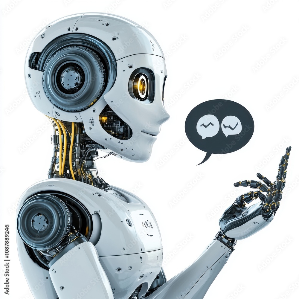 Poster a futuristic robot with sleek design and glowing eyes communicates through speech bubbles, showcasin
