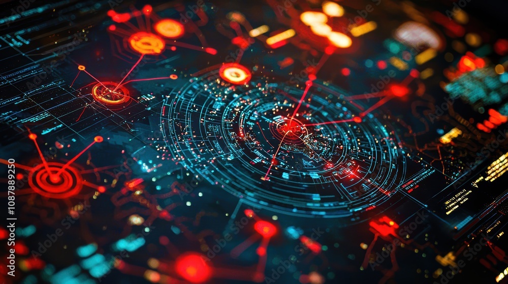 Poster futuristic technology interface with digital connections, data visualization, and global network rep
