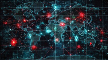 Obraz premium Abstract Digital World Map with Network Connections, Data Points, and Geospatial Technologies Representing Global Connectivity and Information Flow