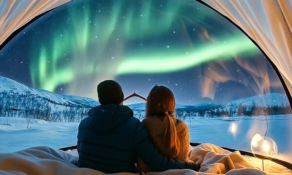 Couple in Glass Igloo Under Aurora Borealis in Arctic