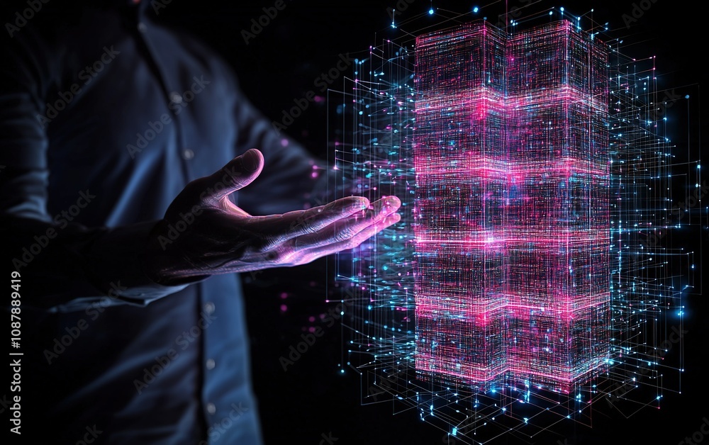 Poster person interacting with a digital holographic interface featuring colorful data structures and light