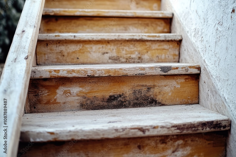 Poster a close-up shot of wooden stairs with intricate details and texture