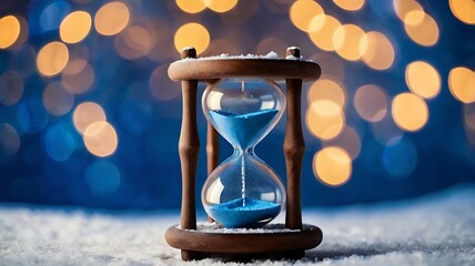 Hourglass with 2024 at the top and 2025 at the bottom, Christmas bokeh, lights, blue background.	
