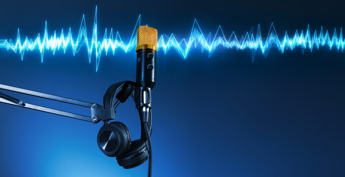 Sound wave, microphone and headphones on blue gradient background. Banner design