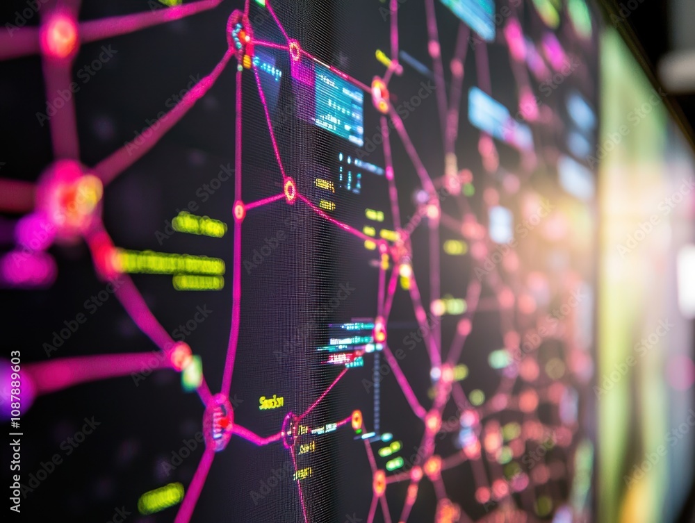 Poster abstract digital network visualization with colorful nodes and lines representing data connections a