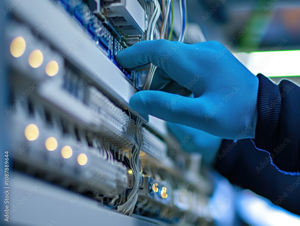 Poster professional technician in blue gloves working on network equipment in data center, maintaining conn