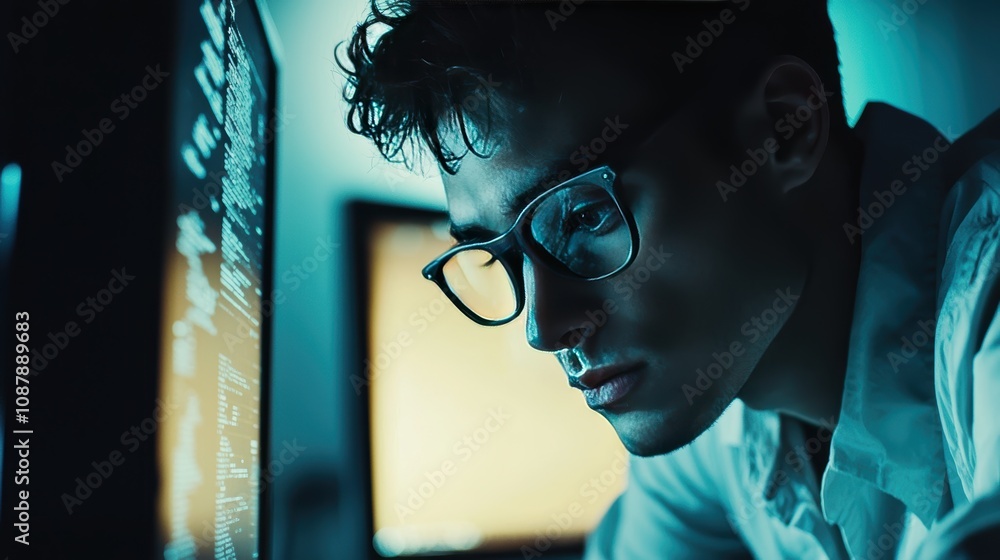 Poster focused young man analyzing data on computer screen in dimly lit room, engaged in digital research a