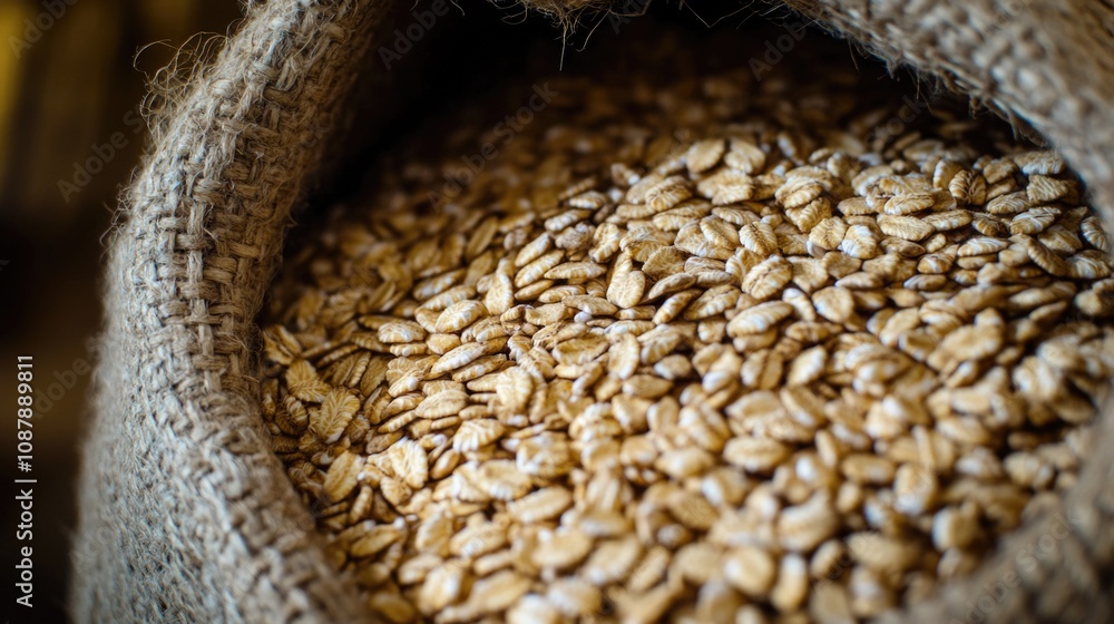 Poster A sack of oats resting on a table, possibly for storage or use in baking