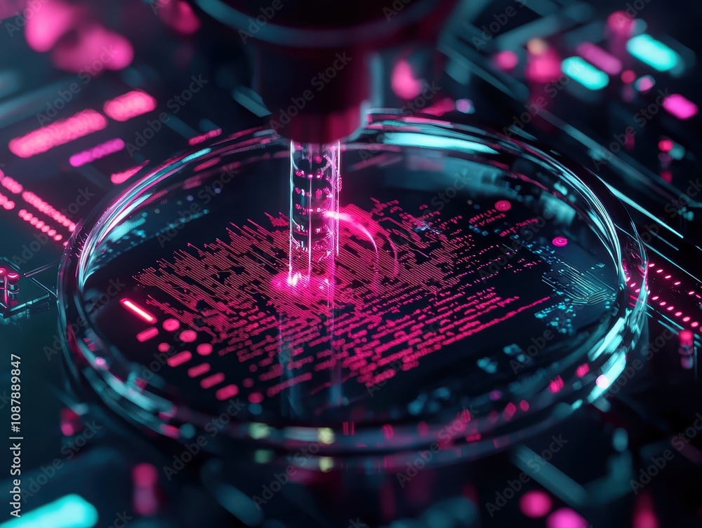 Poster high-tech laboratory scene featuring close-up of petri dish under microscope with neon colored visua