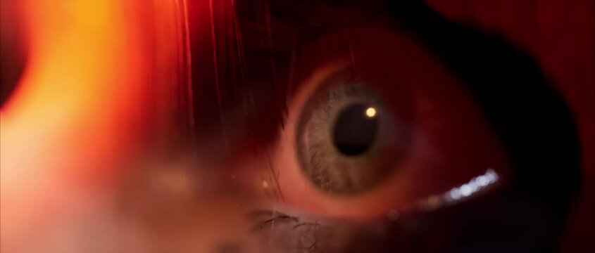 A frightened eye in close-up, blood-red tones. Open your eyes and look around, a frightened glance