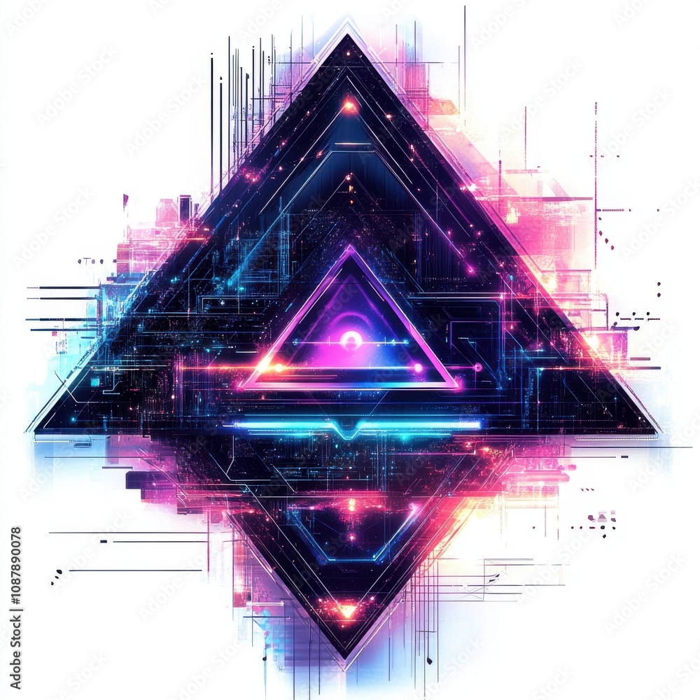 Poster a vibrant abstract digital art piece featuring a glowing triangle with dynamic lines and colors.