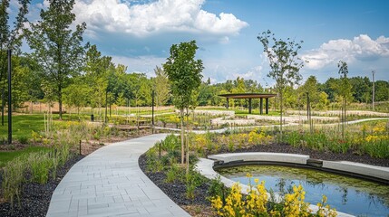 Serene Pathway in a Lush Park with Green Trees, Bright Flowers, and a Calm Water Feature Under a Blue Sky with Soft Clouds