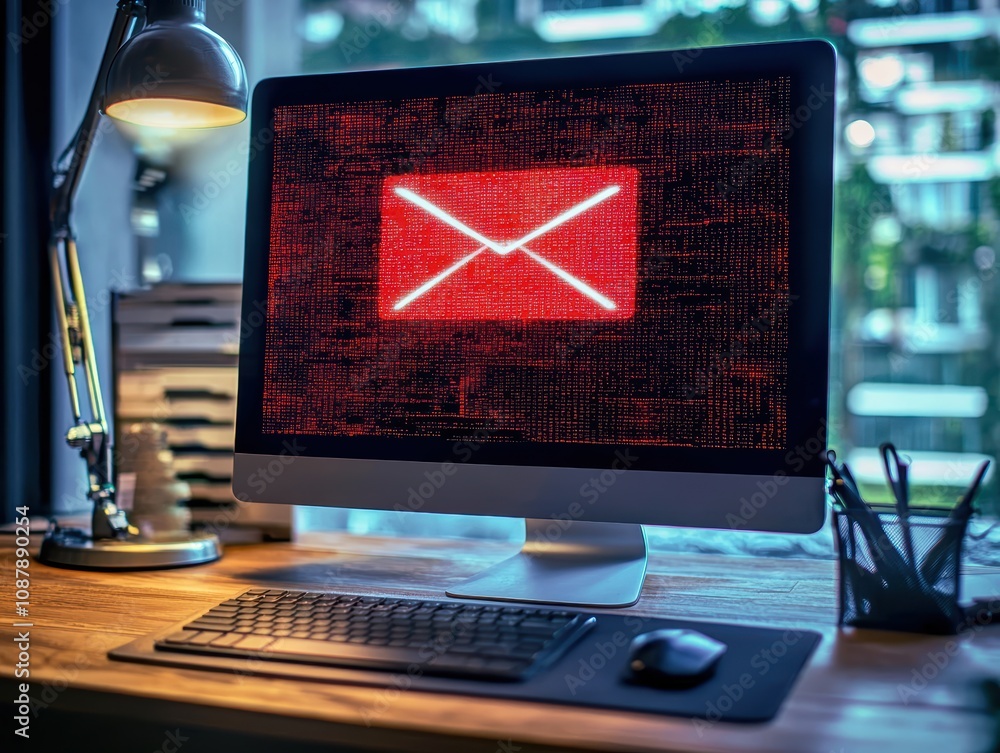 Poster computer screen displaying red warning icon for email threats, pearly desk lamp illuminating workspa