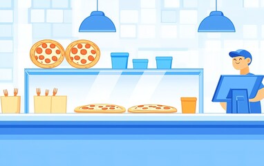 Pizza chef prepares fresh pizzas in a modern eatery with blue decor and a vibrant atmosphere