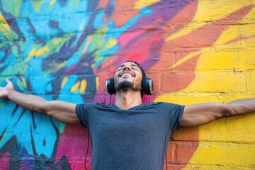 A person wearing headphones stands in front of a vibrant graffiti wall, perfect for use in...