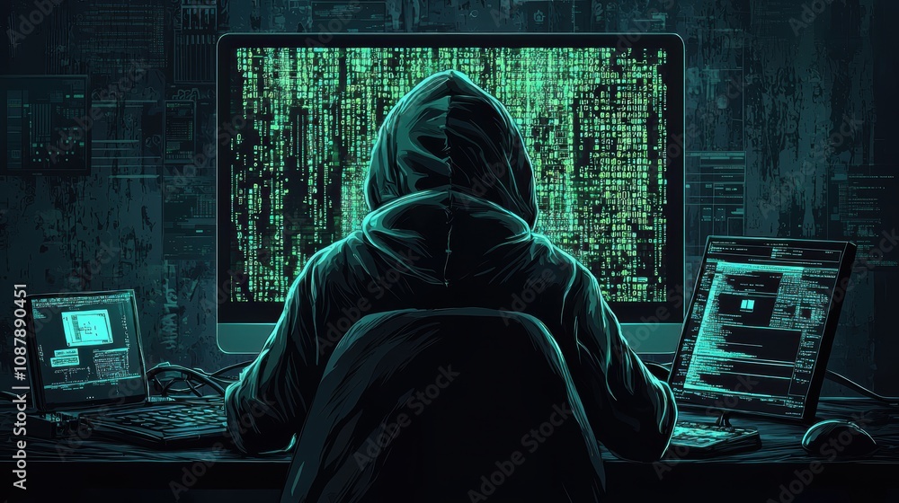 Poster mysterious hacker in dark room surrounded by technology, engaged in cyber activity with green code o