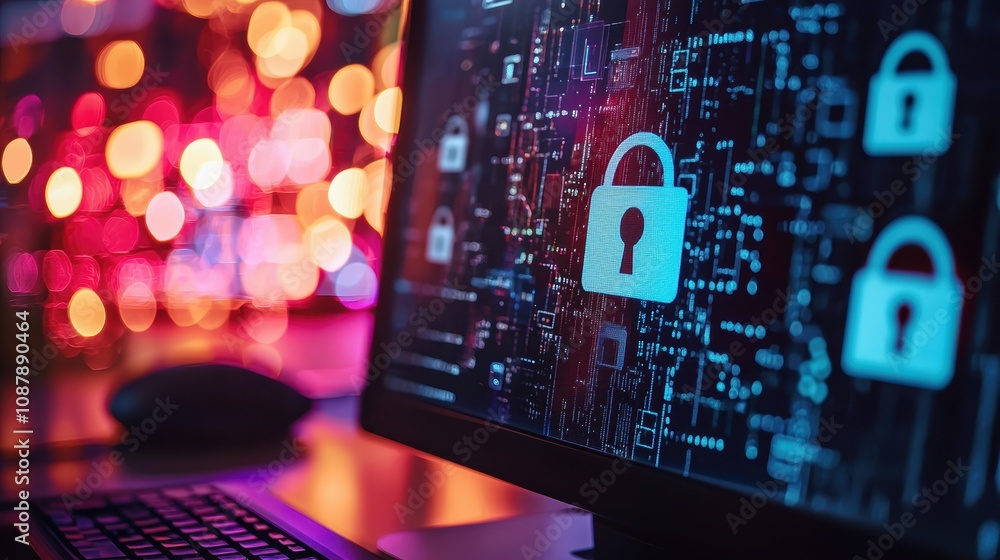 Poster close-up of computer screen displaying cybersecurity concepts with lock icons, digital data protecti