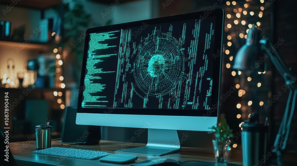 Poster modern computer monitor displaying data visualization and code in a cozy home office with holiday li