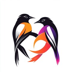 Two stylized birds in vibrant colors, showcasing a modern and artistic design with a playful and harmonious vibe.